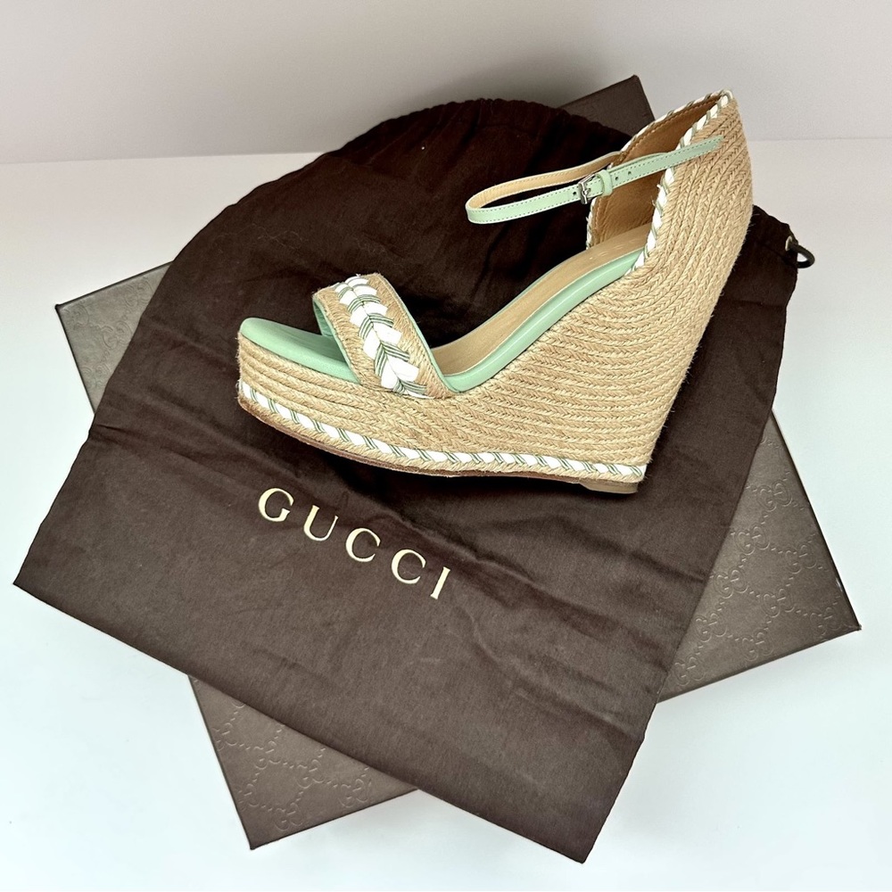 Gucci Espadrille Wedge Sandals Mint Green Ankle Strap in Box Size US 6 - EUR 36